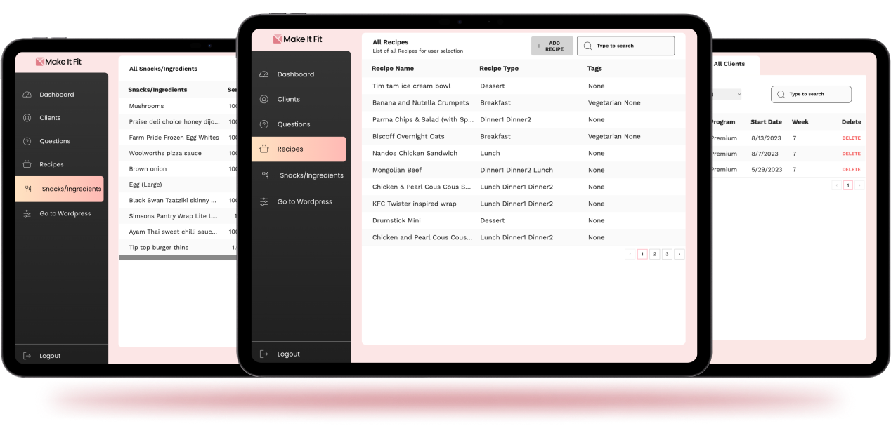 Admin features like Recipe Management, Client Management, Snacks & Ingredient Management.